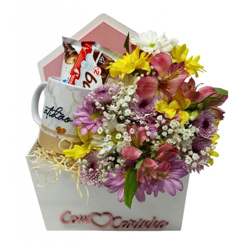 Box Felicidade  ( Caixa Envelope + Flor + Caneca + Chocolate )
